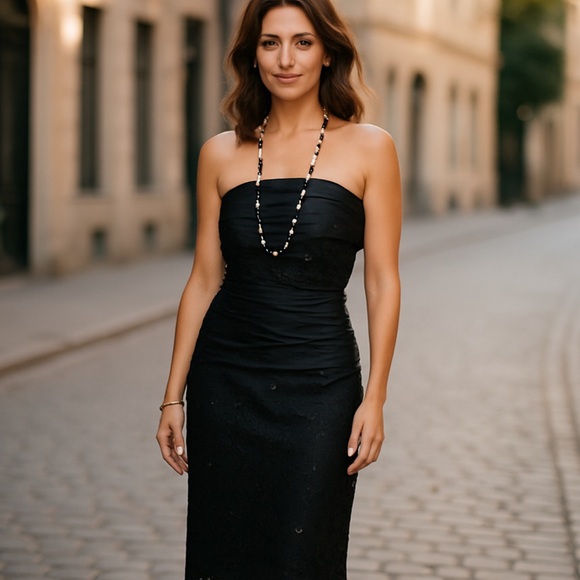BLACK SILK STRAPLESS SHEATH COCKTAIL DRESS SAKS 5TH AVENUE JEAN MARC SFEZ SMALL - Picture 1 of 9